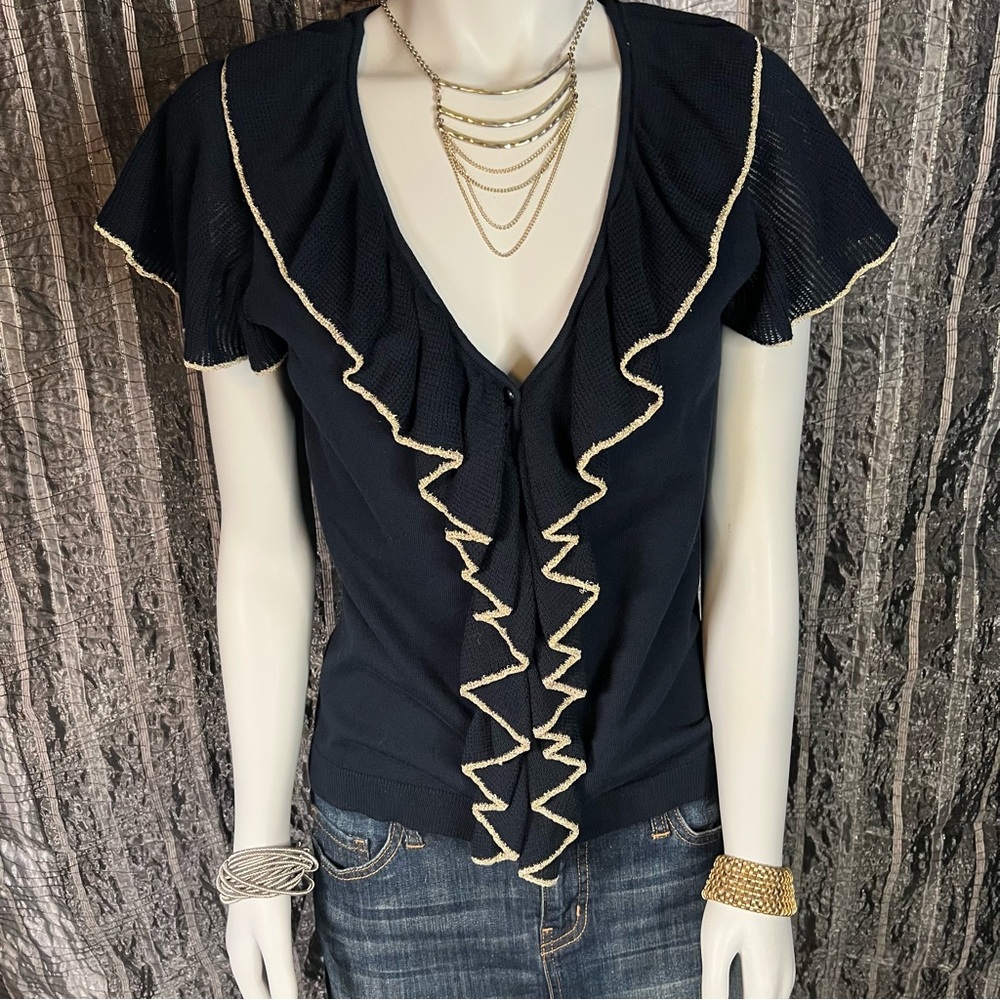 Chaps Navy Button Up Ruffle Front Top - image 2